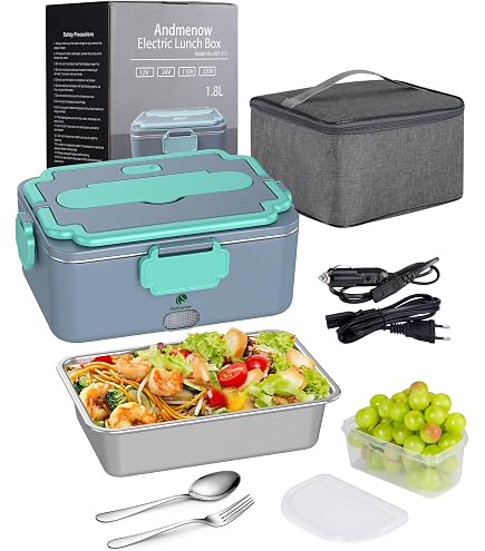 Scaldavivande Elettrico Portatile 60W, 12V/ 24V/ 220V 1.8L Lunch Box Elettrico 3 in 1, con Forchetta e Cucchiaio per Auto Camion e Ufficio,B