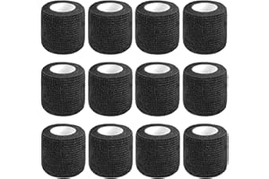 AISEY 12 Pack Self Adhesive Cohesive Wrap Bandages 5cmX 4.5m Black, First Aid Tape, Elastic Self Adhesive Tape, Sports Wrap Tape, Bandage Vet Wrap for Sports, Wrist, Dogs, Athletic Tape