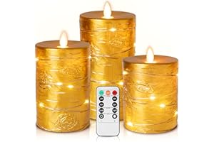 DA BY Vela LED dorada, vela a pilas con guirnalda empotrada, vela sin llama Da con mando a distancia de 11 botones, función de temporizador de 24 horas, llama danzante, cera real