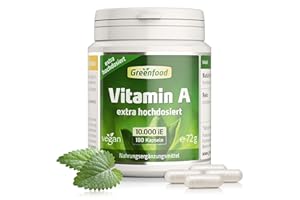 ‎GREENFOOD Vitamin A, hochdosiert, 10.000iE - 180 Kapseln, vegan. Vitamin A (Retinol) - wichtig für Sehkraft, Schleimhäute & Hautgesundheit. OHNE künstliche Zusätze - laborgeprüft. Von Greenfood.