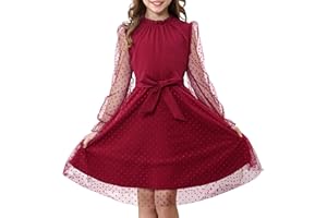 Rolanko Vestido de Manga Larga Abullonada para Niña, Cintura Alta con Cinturón Línea A Cuello Volante Malla Contrastada Vestidos de Princesa para Fiesta en Tul