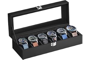 SONGMICS Watch Box with 6 Slots, Watch Case with Glass Lid, Watch Display Box with Removable Watch Pillows, Metal Clasp, Gift Idea, Black Synthetic Leather, Black Lining JWB06B01
