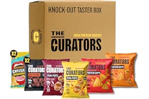 THE CURATORS High Protein Knock-Out Taster Box, Biltong, Pork Puffs, Cheesies & Protein Chips (8 Items) Savoury Snack Variety Gift Party Hamper