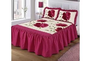 QM-Bedding® Designer Luxuries Luxury Floral and Stripes Design Quilted Bed Spreads With 23" Deep Frill NZ (Rosaleen Fuchsia, Single)