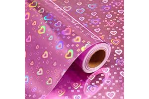 Wikadlik Carta da regalo con cuoricini rosa, 43 cm x 10 m, colorata, olografica, per San Valentino, festa della mamma, matrimonio, addio al nubilato, baby shower, Natale