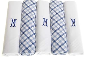 Surf the Shop Pack of 5 Mens Initial Embroidered White Handkerchiefs with Satin Border and Blue Check Handkies, Various Letters