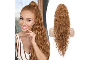 RUWISS Drawstring Ponytail Extension 26" Long Beach Wave Curly Ponytail Hair Extension Synthetic Natural Clip Pony Tail Fluffy Hairpiece for Women Daily Use Party,Golden Copper Light Blonde