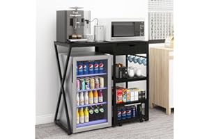 PUNCIA Coffee Bar Cabinet with Mini Fridge Space Beverage Wine Fridge Stand with Temporary Work Platform Refrigerator Storage Organizer Microwave Oven Stand Rack for Home Office Dorm Black