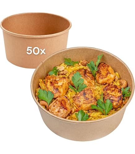 Bols Compostables En Fibre De Canne à Sucre - Lot De 50 - Capacité 40 Cl - Pour Plats Chauds Et Froids - 7
