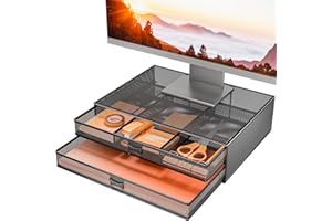 WALI Soporte Elevador de Monitor con Cajones de Almacenamiento, Soporte Monitor Escritorio de Ergonómico para computadora, Laptop, Pantalla Plana e Impresora (STT006-B), Negro