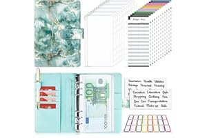 TAOPE Classeur Budget avec Enveloppe Budget, Classeur A6 Budget Planner Sets en PU Cuir, Carnet Budget 6 Anneaux Remplissable avec Pochettes de depense, Organisateur Enveloppe Budget Marbre Bleu Vert