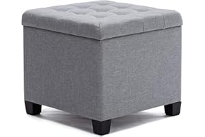 HNNHOME Pouffe Footstool Ottoman Storage Box, 45cm Cube Strong Wooden Frame Linen Living Room Foot stool, Toy Chest, Dressing Stool Seat Chair with Lids for Bedroom (Light Grey)