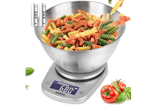 Duronic KS5000 SRSS Balance de Cuisine d'une capacité de 5 kg | Précision à 1 g | Bol en inox de 2.5 L inclus | Large écran LCD | Fonction d'ajout de poids TARE | Idéale pour la pâtisserie