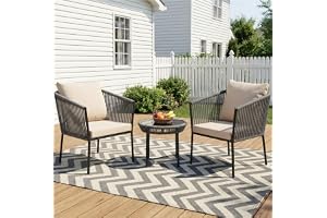 BRISHI Braid & Rope Garden Patio Seating Chair and Table Set Outdoor Balcony Garden Coffee Table Set Furniture with 1 Table and 2 Chairs Set with Cushion (Grey and Cream)