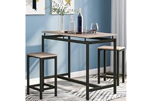 BTM 3 Pieces Bar Sets, Kitchen Pub Table and 2 Bar Stools, 3-Piece Metal Frame Breakfast Dining Table Set for Kitchen, Dining Room, Bar, Rustic Brown (Natural Wood)