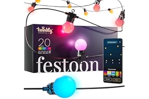 Twinkly Festoon 20 LED RGB, Catena Luminosa con 20 Lampadine LED, Luci Esterno e Interno Multicolore RGB, Compatibile con Alexa, Google Home, Luci Gaming, IP44, Controllata da App, Cavo Nero, 10m