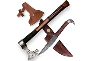 CraftTal-Wikinger Axt und Rabankopf Messer 2in1 Set Beil Axt Hochwertige Wikinger Axt Handgeschmiedet Outdoor Survival Axt mit Leder Schutz