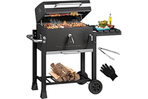‎YITAHOME YITAHOME XL Holzkohlegrill BBQ Smoker Grillwagen mit Deluxe Emaille-Kohlenstoffpfanne & Thermometer, Standgrill für Party, Camping, Garten, inkl. Küchenzange und Handschuh