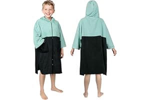 Zingtto Hooded Towels for Kids Zippered Surf Poncho Swim Robe for 6-13 Years, 3/4 Sleeve Big Kids Hooded Beach Towel Thick Changing Robe Girls Boys, Black Teal