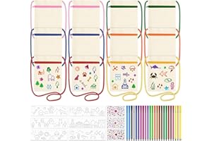 Anstore Handtasche zum Bemalen für Kinder, 12 Stück DIY Stofftaschen zum Bemalen mit 24 Buntstiften, 6 Schablonen Malen, 3 Blatt Glitzersteine, Umhängegeldbeutel Beige für Basteln Kindergeburtstag
