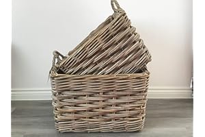 SMRL Rectangle Log/Storage Baskets, Hessian Lined, Excellent Quality, Very Strong Kuba Rattan (Set of 2)