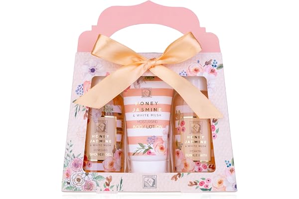 Accentra Kit de douche pour femme Honey Jasmine dans une belle boîte cadeau – Kit de soins 3 pièces avec gel douche, lotion pour le corps et bain moussant – Coffret cadeau bien-être pour anniversaire