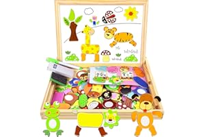 COOLJOY Puzzles en Bois Magnétique, 100+ Pièces Motif Animal Jigsaw avec Tableau Noir de Chevalet à Double Face Jouets Educatif pour Bambin Enfants Fille 3+ Ans