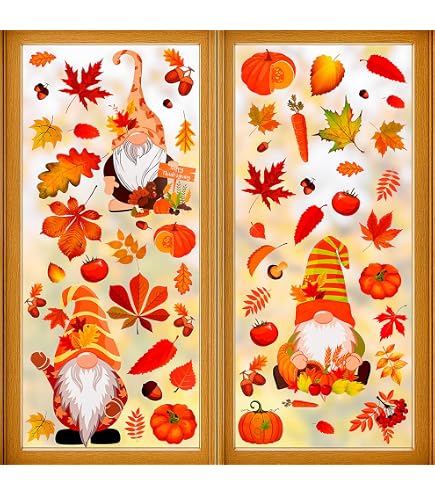 8 Fensteraufkleber Herbst & Erntedank – Selbstklebende Deko Mit Ahornblättern, Zwergen, Kürbis (20x30cm)