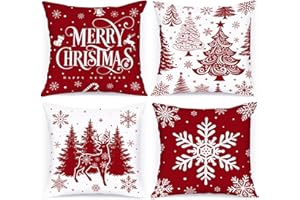 Lanpn Lot de 4 Housses de Coussin de Noël, Rouge Housse d'oreiller 40 x 40, Taie d'oreiller Décorative Arbre de Noël, Noel Deco en Hiver pour Salon Chambres Canapé, Décoration intérieure