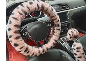IXITON Universal Épaississement Faux Fourrure Hiver Chaud Fluffy Furry Fuzzy Housses de Volant de Voiture+Couvercles de Changement de Vitesse+Couvre Frein à main-3pcs/set (Pink Leopard)
