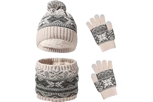 Waylipun Ensemble de Bonnet Echarpe Gants Hiver pour Enfants de 2 à 7 Ans avec Doublure Double Épaisseur, Bonnets Tricotés avec Pompon et Snood Gant pour Garçons Filles