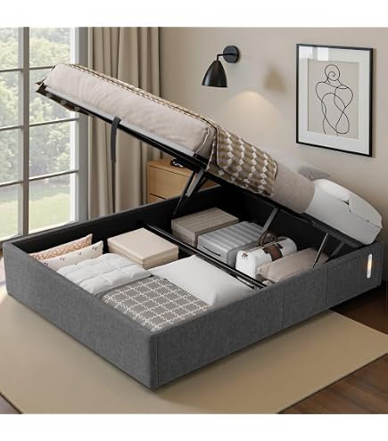 Lit coffre adulte 140x200cm avec LED et USB Type-C, lin, gris, sans matelas