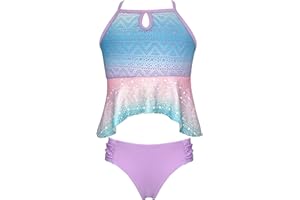 SHEKINI Traje de Baño de Dos Pieza para Niñas Colores Degradados Elegante Volantes Cutout Ajustable Top de Bikini Set de Playa Tankini Set con Triángulo Bikini Bottom para 6-14 años