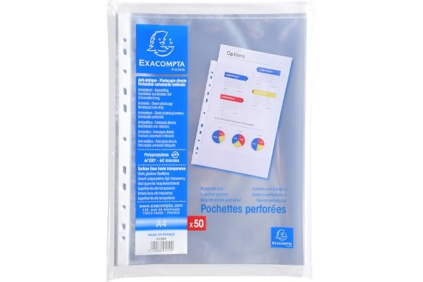 Exacompta - Réf. 5250E - Sachet de 50 pochettes perforées en Polypropylène lisse - Epaisseur 6/100ème - Perforation universelle 11 trous - Format à classer A4 - Incolore