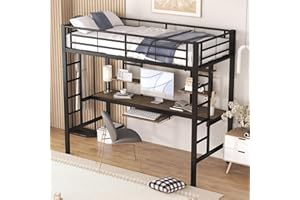 Moimhear Estructura de cama de metal, cama de hierro, cama alta con escritorio y dos estanterías para niños, adolescentes y adultos, 90 x 200 cm, negro, WX000123