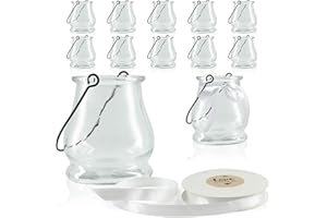 WeddingTree 12 vasetti per Candele con Gancio e Nastro Decorativo in Bianco - Portacandele di Vetro - per Matrimoni, Feste in Giardino, composizioni Floreali, Decorazioni da Tavolo (Classico)