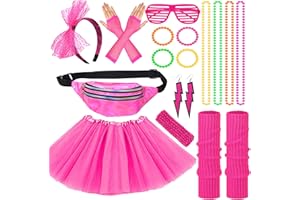 Aleshime 80s Fancy Dress Costumes Accessories for Women Girls, 1980s Fancy Party Costume Accessories Set Kits, Tutu Skirt Waist Bag Leg Warmers Necklaces Bracelet Fishnet Gloves Headband Earrings