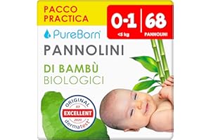PureBorn 68 Pannolini Taglia 0-1 (0-5 kg), Ipoallergenico, Ultra assorbente, Pannolini neonati 0-3 mesi, Dermatologicamente testato, Anti Perdita, pannolino di alta qualità naturali bambù