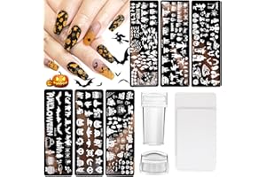 JUNEBRUSHS 10 Stück Halloween Nagelstempel Schablonen Set,6 Stück Halloween Stamping Schablone 2 Stück Nagelstempel und 2 Stück Schaber,Nail Art Stamper Plates für Halloween DIY Nagel Maniküre