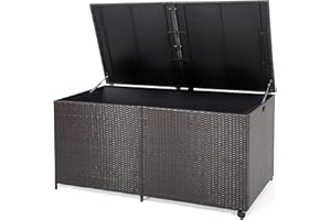 GIANTEX Baúl de Jardín de 662 L con Tapa, Caja de Almacenamiento de Ratán con 2 Ruedas y Asa, Interior con Funda Impermeable, 150x77x73 cm, Arcón de Almacenaje para Balcón, Terraza