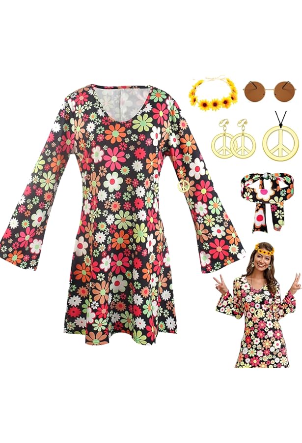 MRYUWB Jaren 70 hippie jurk kostuums ketting oorbellen