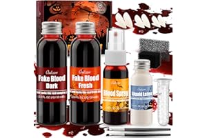 ‎OUKZON Oukzon Kunstblut Halloween, Halloween Schminke Erwachsene Kinder - 58ml + 58ml Fake Blood, 28ml Blut Spray, Latexmilch, Vampirzähne, Realistisch Wunden Narben Make Up Kit für Zombie Vampir