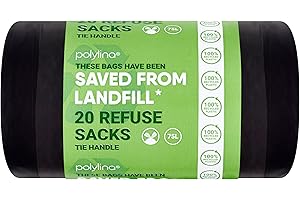 Polylina - Bin Bags, 75 Litre, 20 Tie Handle Black Bin Liners Refuse Sacks, 100% Recycled Plastic, Everyday Use, Household, Office & Kitchen Waste