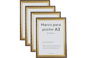 Nacnic Zestaw 4 złotych ramek z drewna MDF i szkła akrylowego, zabezpieczenie, stojak na zdjęcia, arkusze, plakaty, obrazy i dekoracje do salonu, sypialni lub biura, A3 (29,7 x 42 cm).