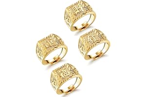 JeryWe 4pcs Edelstahl Ringe Set Herren Vergoldet Reich/Glück/Reichtum Band Siegelring Bandring Offener Daumen Fingerring Hochzeitsring