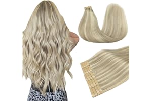 ‎DOORES DOORES Tape in Echthaar, Aschblond Highlights Platinblond 40cm (16zoll) 50g 20pcs, Remy Tape Haarverlängerung Echthaar Remy Human Hair Gerade Haar