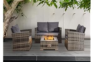 COSMO BUY 4 Piece Mix Grey With Gas Fire Pit Table Design Garden Rattan Furniture Outdoor Sofa Set Modern Stylish Patio Conservatory Furniture Sofa Set Family lawn Indoor & Outdoor Use 4 Seater Rattan Set