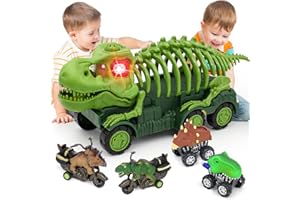 AVIALOGIC Dinosaurier Spielzeug für Kinder ab 3-5 Jahre, T-Rex Dino Transporter-LKW mit 4 Auto Zurückziehen, Realistische Sounds und Lichter, Dinosaur Capture Geschenke für Jungen Mädchen