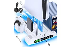 OIVO Soporte para PS5/Slim/Pro con Ventilador de 3 Velocidades, Cargador para Mando Playstation, Soporte PS5 Vertical con 3 Puertos USB y Ranuras de 14 Juegos, Almacenamiento Playstation 5