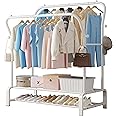 SMILOVII Heavy Duty Clothes Rail with Metal Double Coat Stand Rack, 4 Side Hooks, 2-Tier Shoe Storage Shelf，Clothes Drying Rack for Bedroom, Home Office, and Indoor Use - (White)